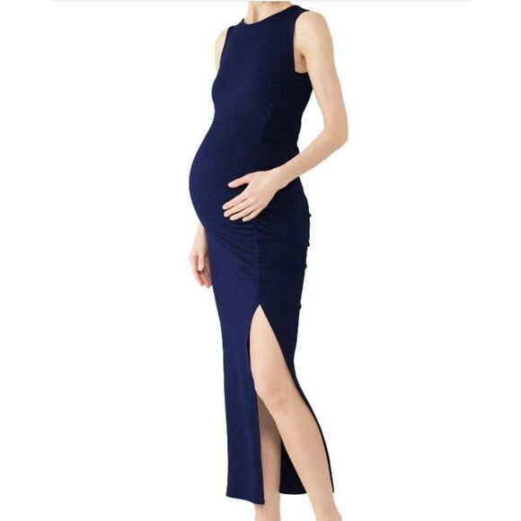 Rachel Pally Rib Natalia Maternity Dress Navy Stretchy Slit Women's Size Medium - Picture 1 of 14